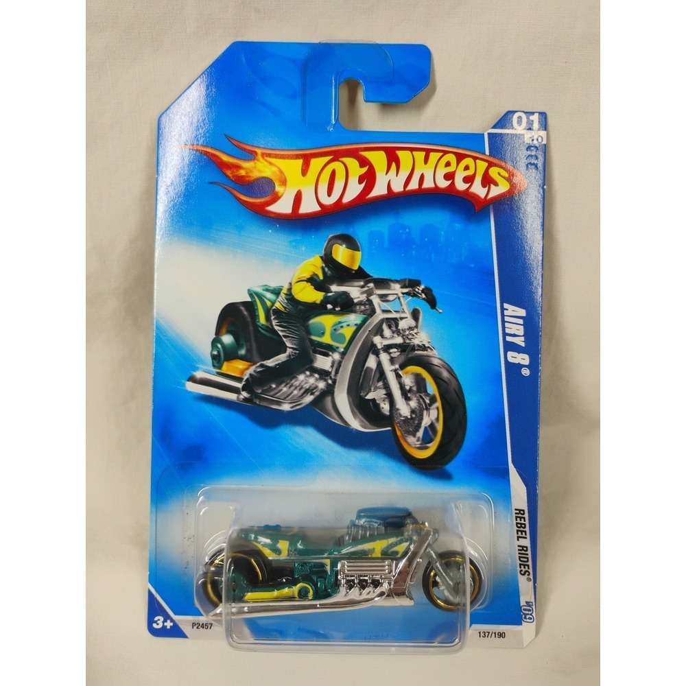 2009‎ Hot Wheels #137 Rebel Rides Airy 8 Motorcycle Chrome Teal Yellow